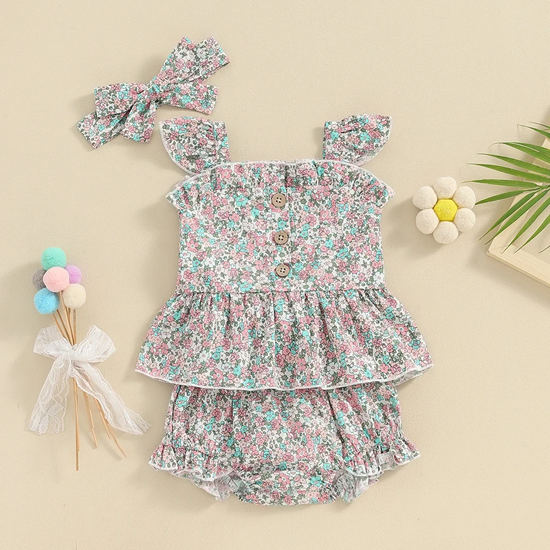 Baby Girls Shorts Set Fly Sleeve Camisole with Elastic Waist Shorts Headband Floral Summer Outfit