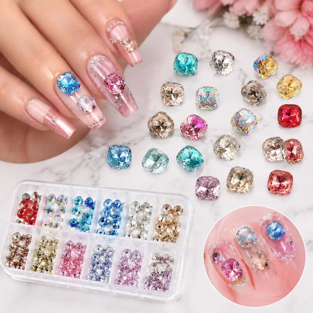 5pcs/bag K9 Multi Cut Square Nail Art Rhinestones Sparkle Pointed Bottom Glass Diamond Nail Charms DIY Nail Art Decoration