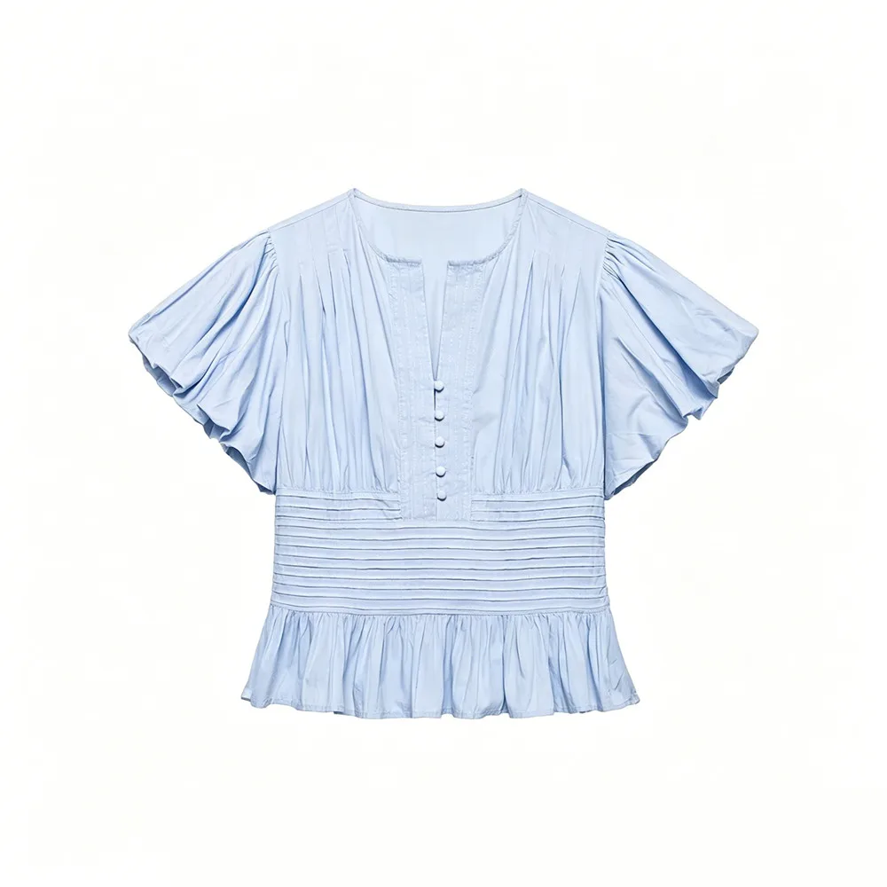 Ladies Chiffon Blouse Shirt Women Split Neck Single Breasted Puff Sleeve Ruffle Hem Top Elegant Casual Chic Summer Outfits Women