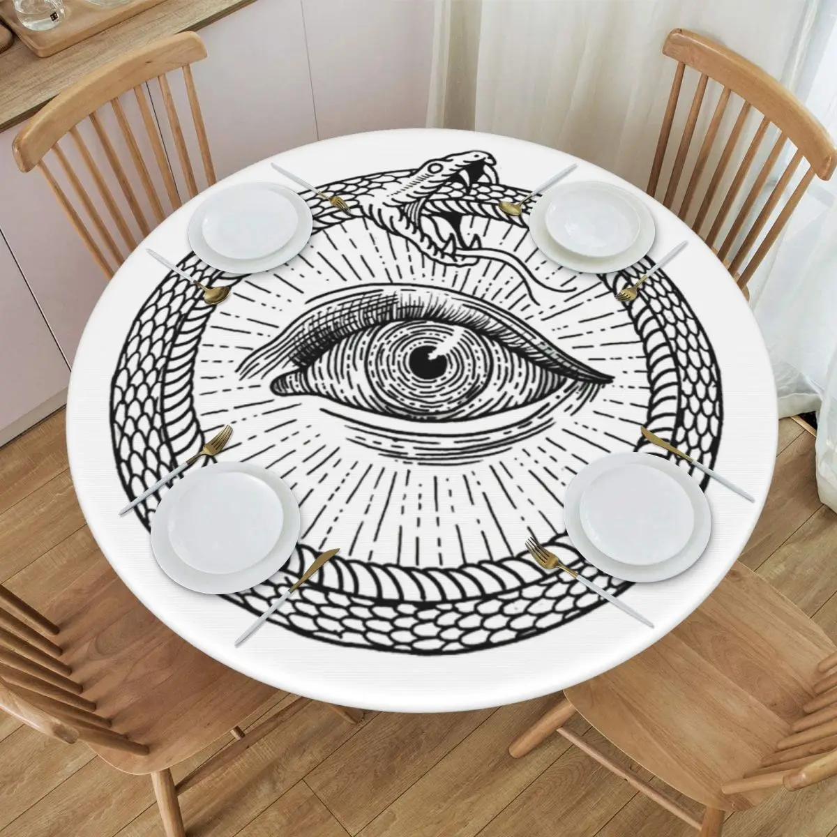 Esoteric Illustration Of Ouroboros Snake Waterproof Round Tablecloth Oilproof Table Cloth for Kitchen Events Dining Table Cover