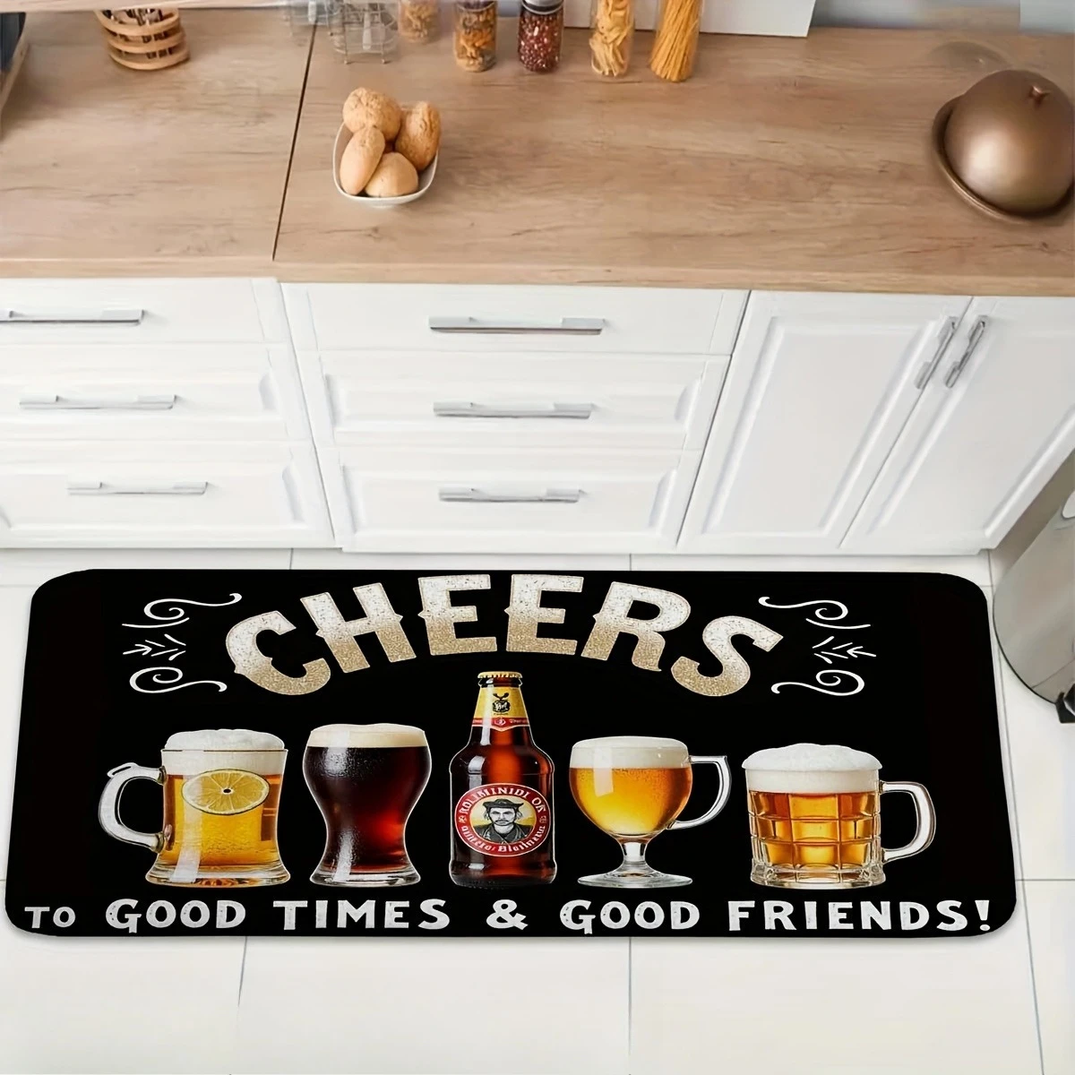 Whimsical Graphic Kitchen Runner Rug Cat Beer and Cookware Text Art Floor Mat Household Home Decor for Cooking Hallway Indoor