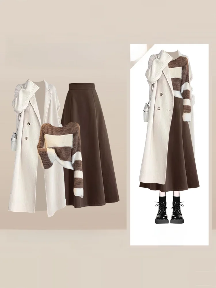 

Korean Sle Autumn Winter Women's Long Coat Striped Sweater High Waist Slimming Vintage Skirt Tee Piece Set Casual Fa...
