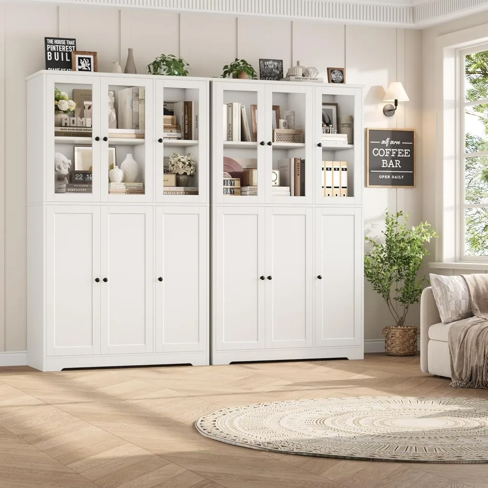 رف كتب كبير بطول 69 بوصة مع خزانة تخزين بباب زجاجي، وخزانة كتب واسعة مقاس 42 بوصة للكتب #4