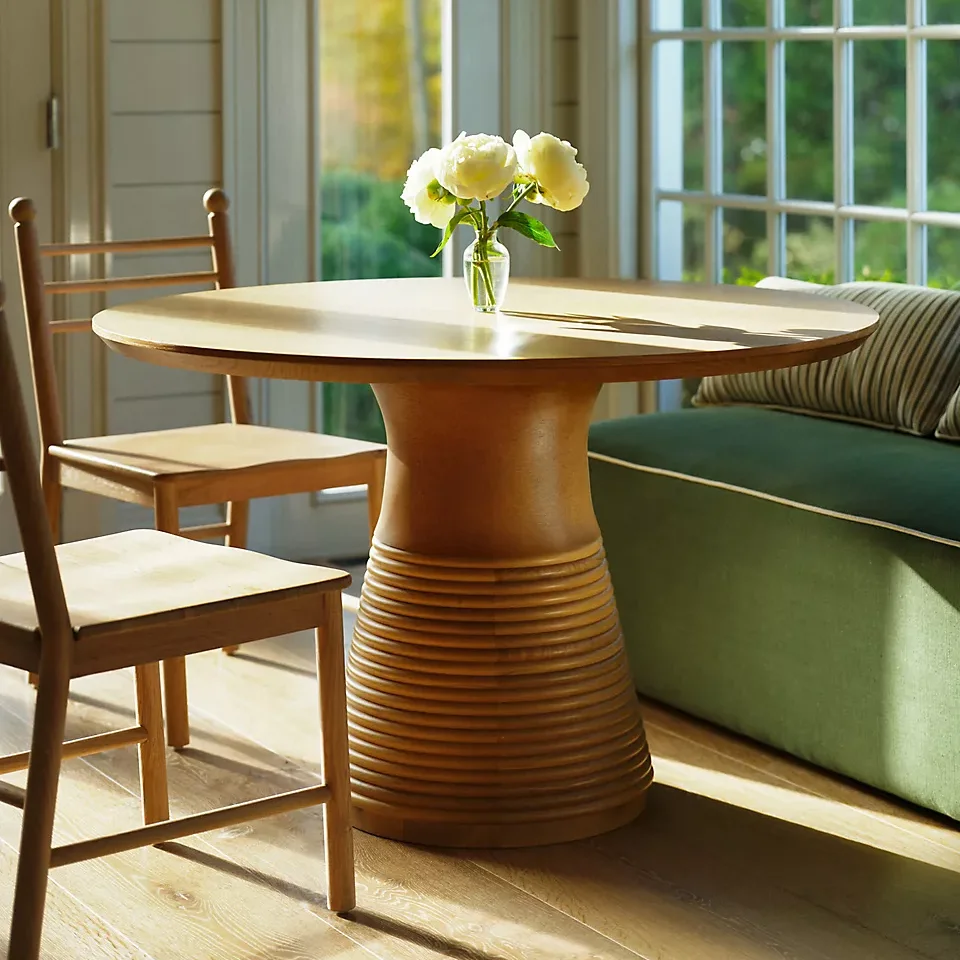 ^Wabi Sabi Style Solid Oak Round Dining Table with Textured Pedestal Base Wooden Table for Dining Room & Cafe