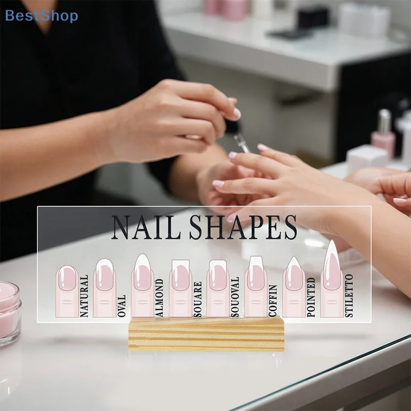 

Acrylic Nail Shapes Display Board With Wood Base Mannequin Fingertips And Nail Shape Guide Static Artwork Sign For Salon Decor