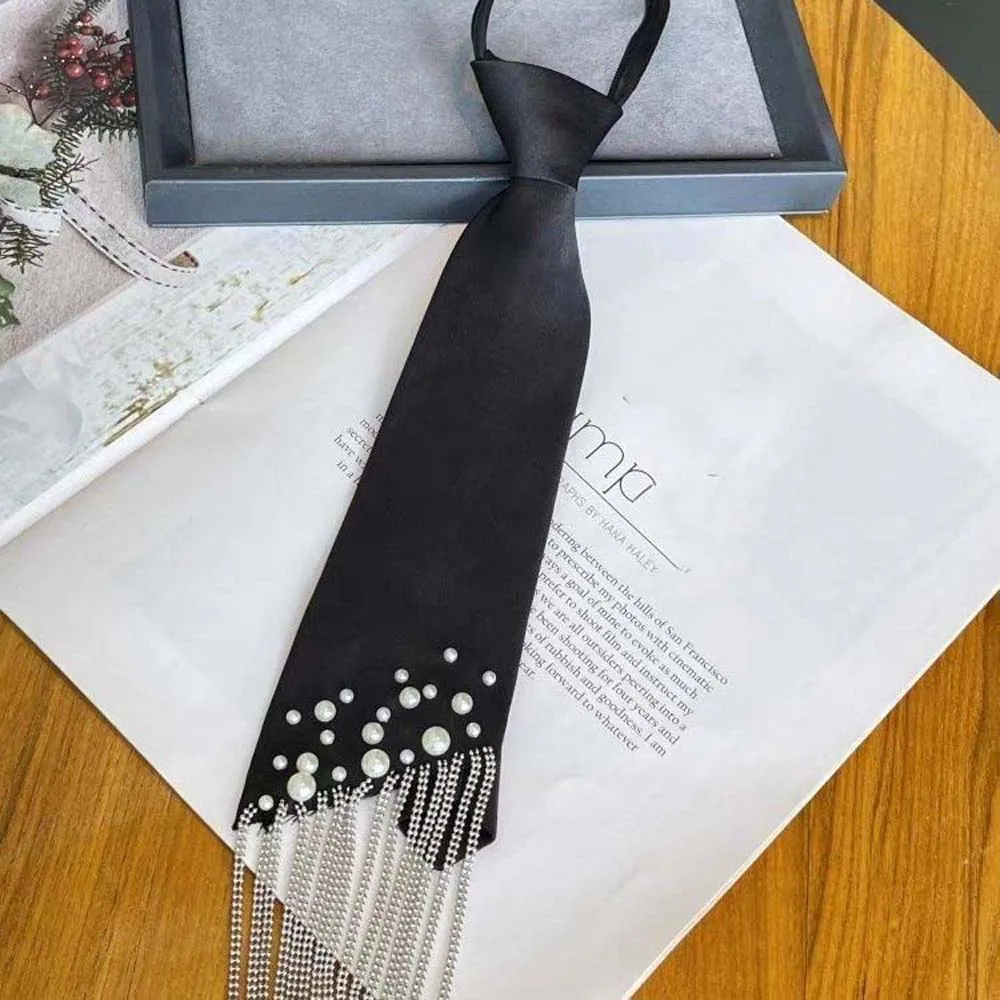 Temperament Korean Style Pearls Tie Black Choker Hand-beaded Long Necktie Geometric Academic Style Decoration Shirt Tie Women