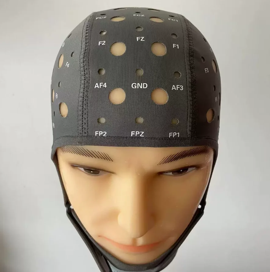 Image of 64-Kanal-Dünnschicht-EEG-Elektrodenkappe mit starker Elastizität, Gehirn-Elektroenzephalogramm-Elektrodenhut, 10-10-System für Neurofeedback