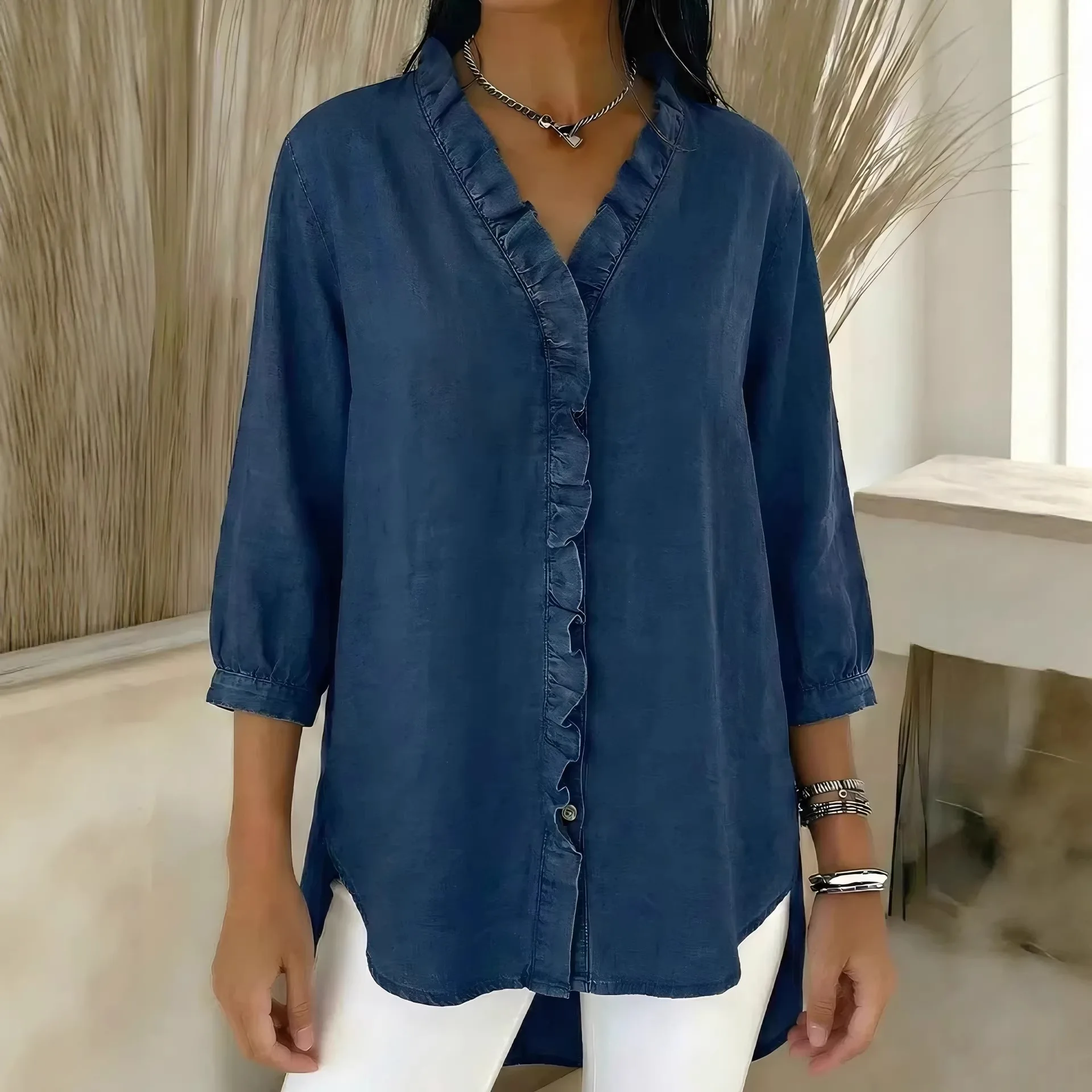 

Элегантная женская летняя блузка свободного кроя с рукавом три четверти, однотонная, с V-образным вырезом, синяя, 2026