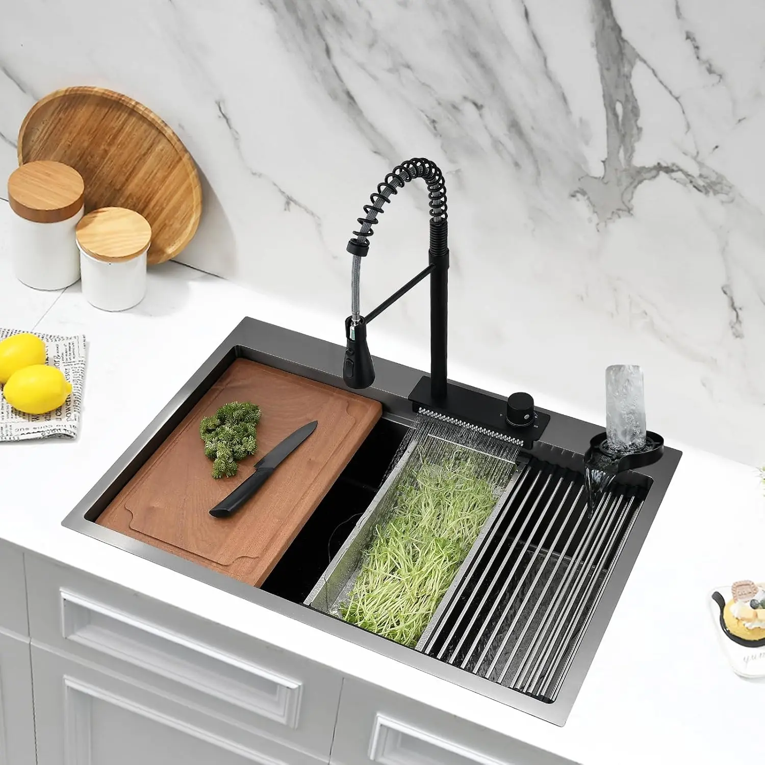 33 Inch Waterfall Kitchen Sink Drop In, 33x22 Drop In Kitchen Sink with Faucet Combo Black Stainless Steel Top Mount Workstation