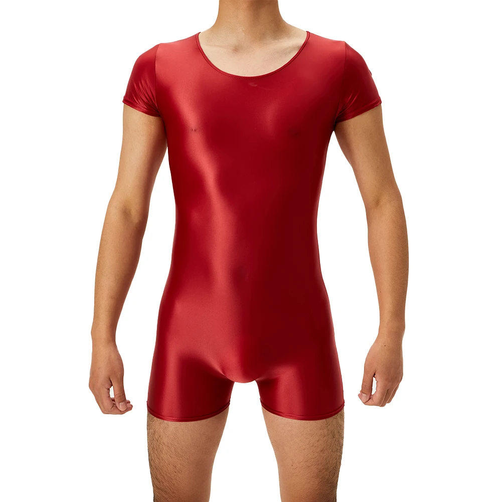 Men Bodysuit Short Sleeve Oil Shiny Glossy Tights High Elastic Shapers Leotard