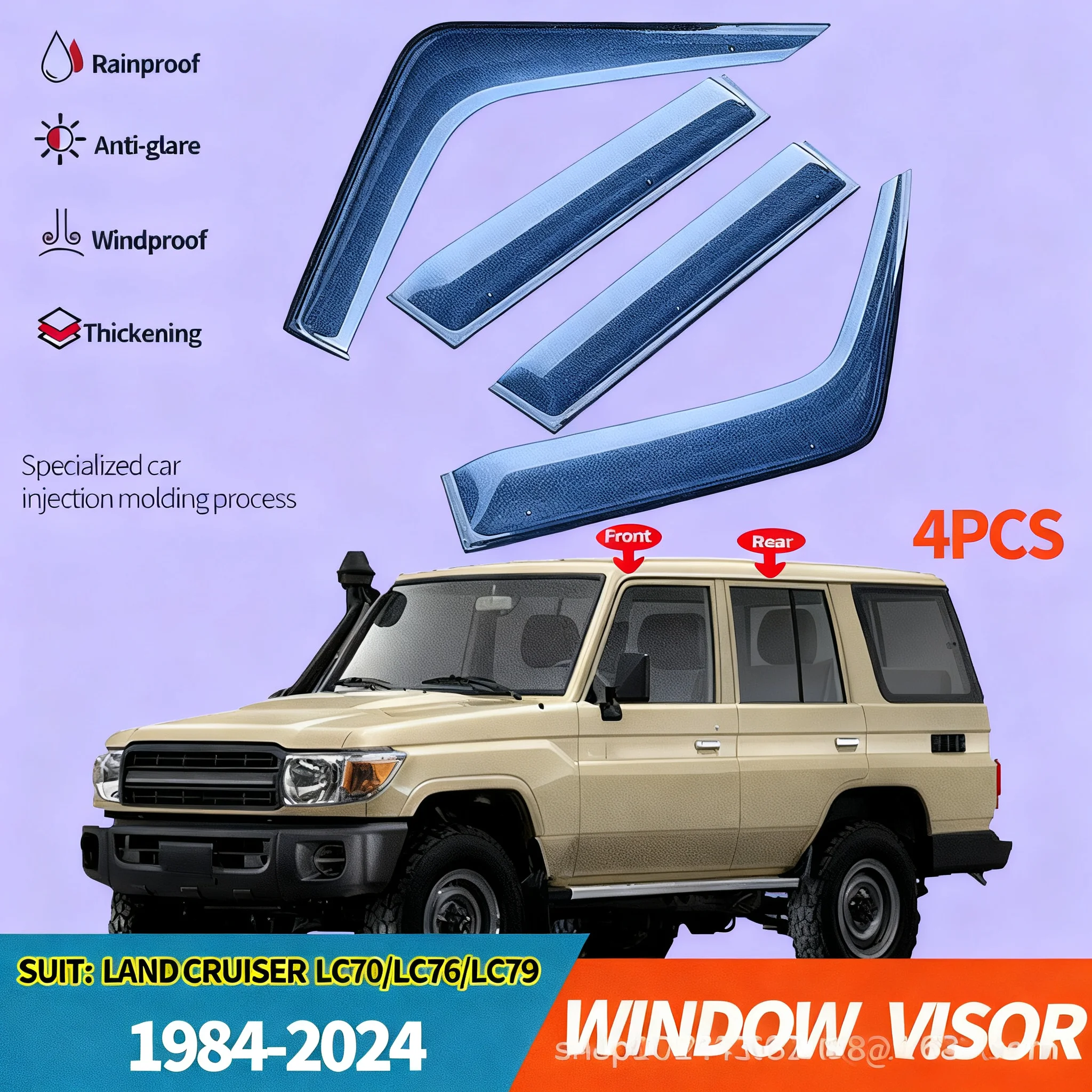 

The injection-molded thickened rain shields for J70 and FJ79 car windows are suitable for Toyota Land Cruiser LC76, 78, and 79