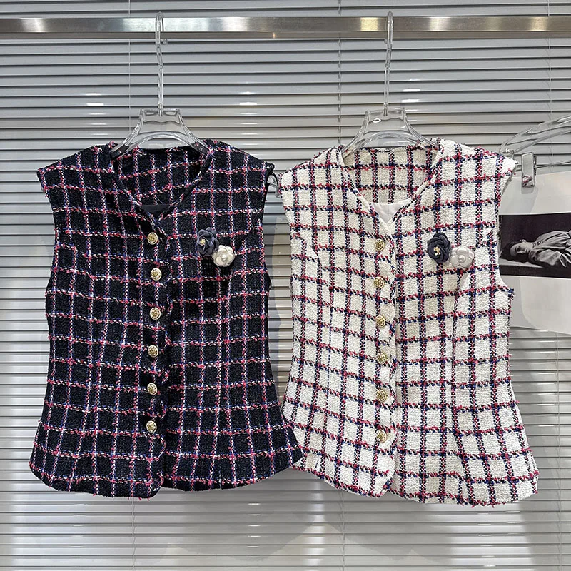 

2025 Summer New Small Fragrant Style Elegant Metal Flower Pin Grid Pattern Coarse Floral Hemp Waist Vest for Women