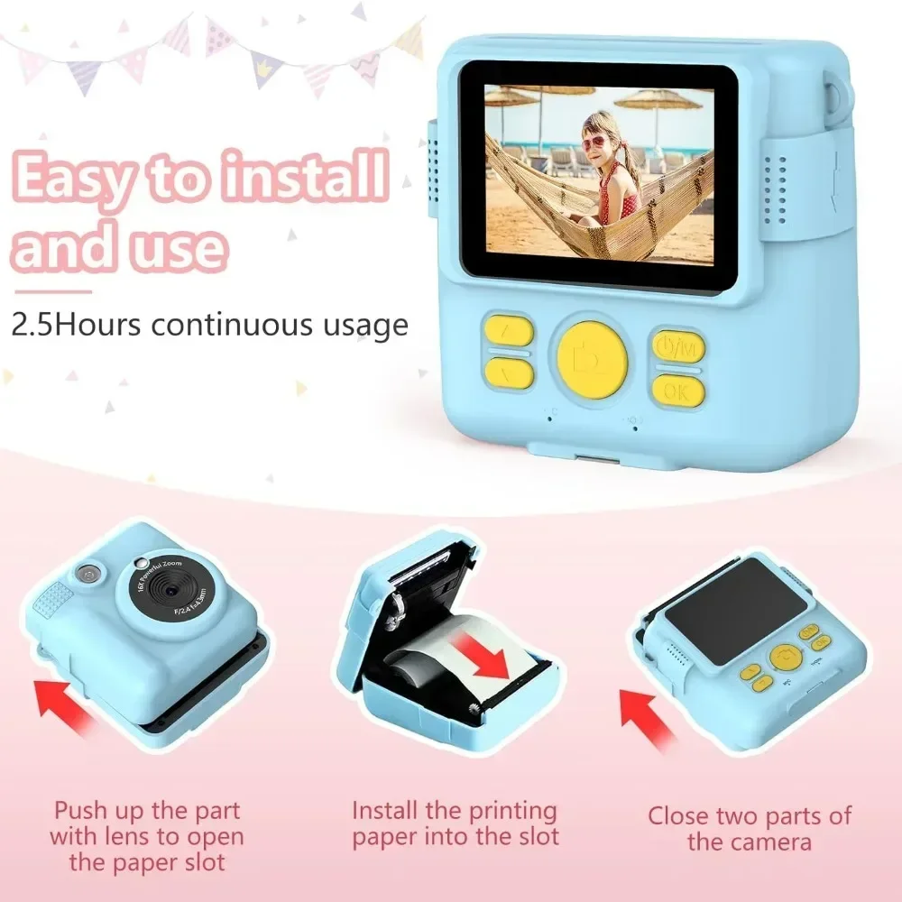 Cámara de impresión instantánea para niños, cámara portátil de 1080P para niños con 32GB de Tarjeta 3 y rollos de papel fotográfico, regalo perfecto