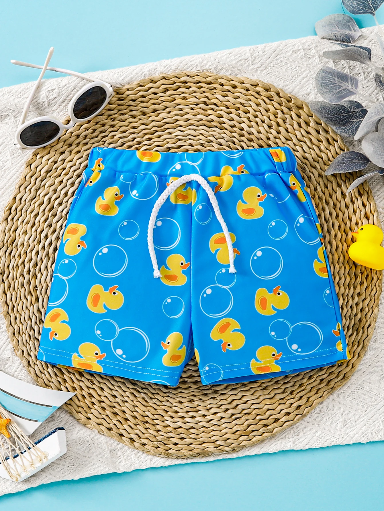 1pc Summer Baby Boys Yellow Duck Bubble Print Swim Shorts, Drawstring Elastic Waist Beach Trunks, Cute Kids Swimwear, Pool/Beach