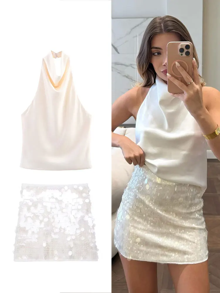 HH femmes paillettes jupes costumes taille haute mince Mini jupe épaules nues haut à licou été Sexy dame Club soirée 2 pièces ensemble