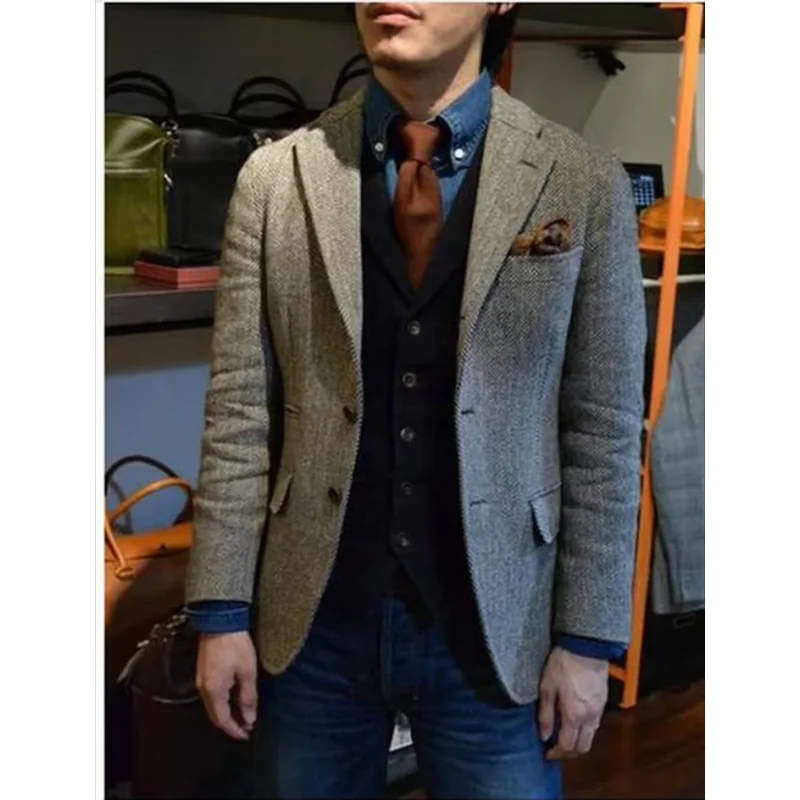 

1 men's sports jacket, herringbone jacket, business office jacket, wool suit, lapel, single breasted clothes