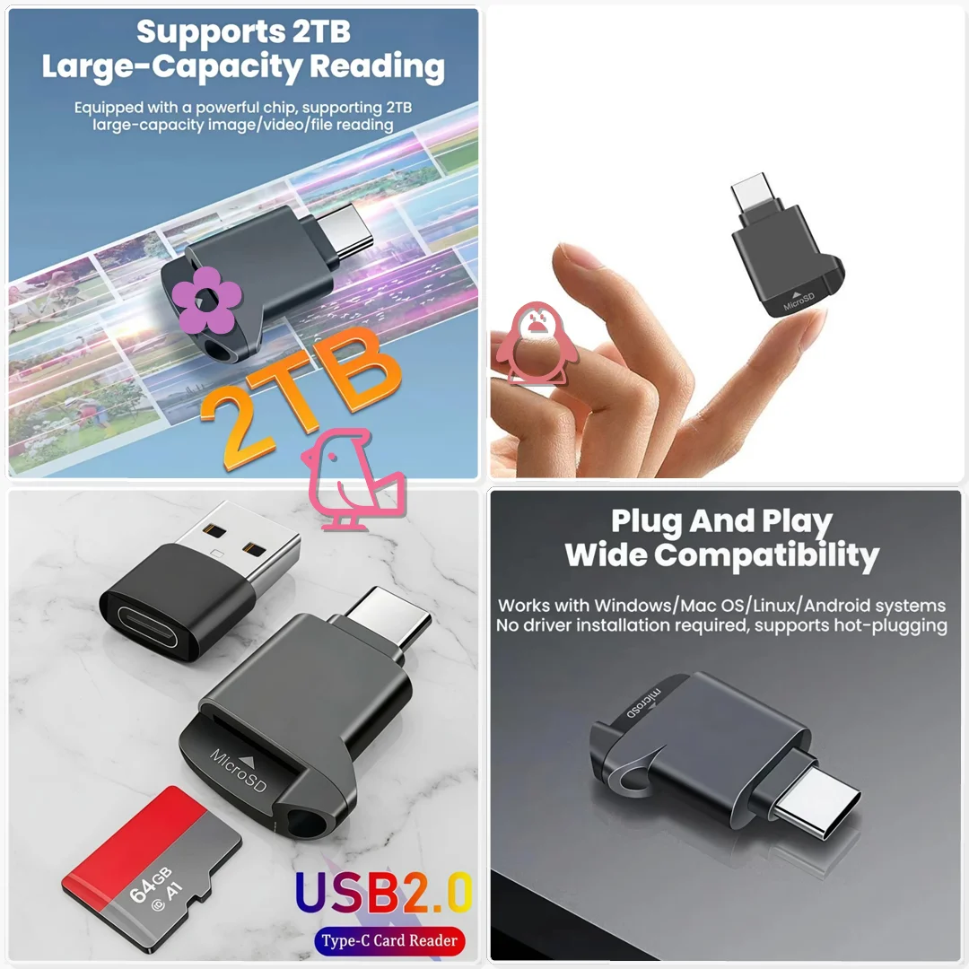 USB C 2.0 Mini TF Card Reader for iPhone External Memory Adapter Dash Cam Video Export Computer
