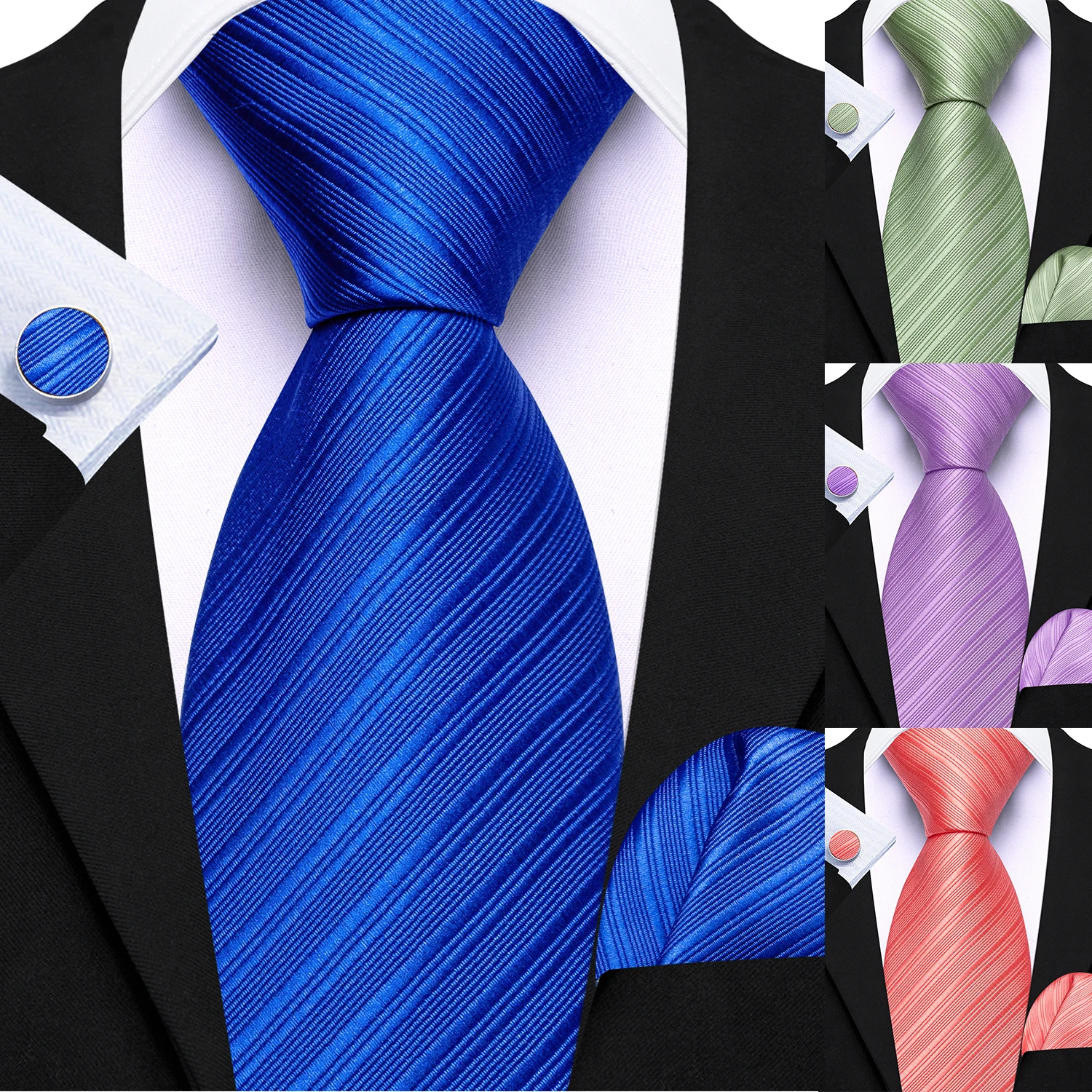 Elegant Men's Tie Set Necktie Pocket Square Cufflinks Striped 3Pcs Formal Business Wedding Party Purple Lilac Green Mint Blue