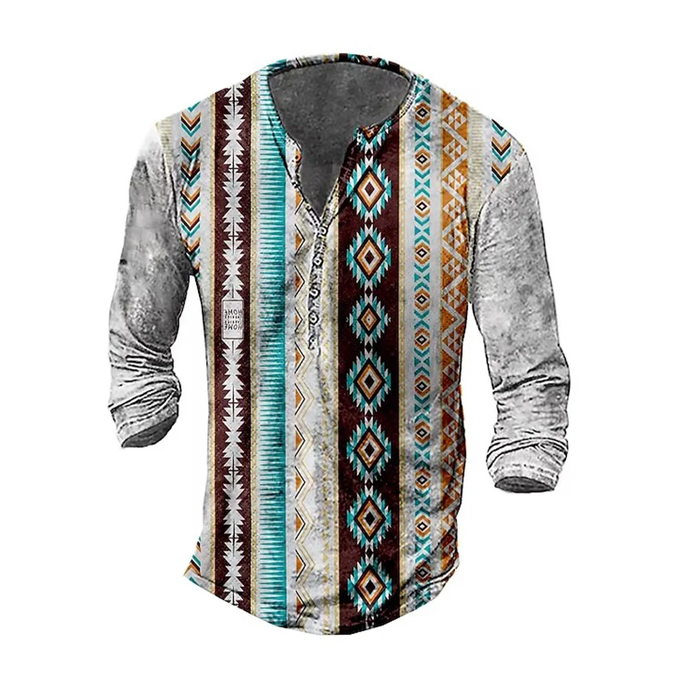 Vintage Men T Shirt Ethnic Graphic Autumn 3d Print Tees O Neck Long Sleeve Top Imitation Cotton Oversized T-Shirt Male Clothing