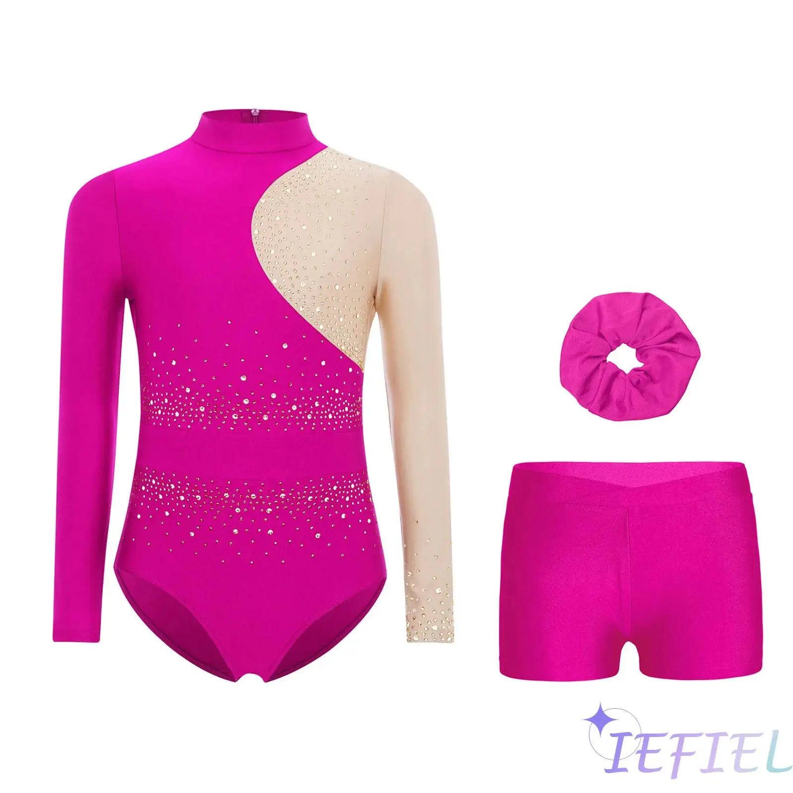

Kids Girls 3Pcs Gymnastics Dance Performance Outfit Mock Neck Long Sleeves Sparkly Rhinestones Leotard with Shorts And Hair Band