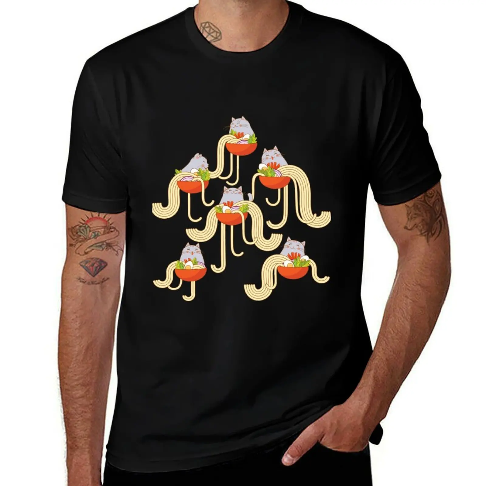 Plates of noodles and funny cats. T-Shirt Big Size Simple T-Shirt