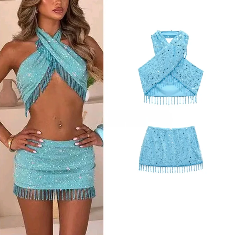 

Fall New Women's Sequin Strline Decoration Hanging Ne Top Sexy Sequin Tassel f-length ort Skirt Faion Set