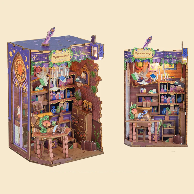 Kit di inserti per scaffali per angoli per libri in legno fai-da-te Misteriosa casa magica Fermalibri Kit modello in miniatura Scaffale per regali di compleanno per amici