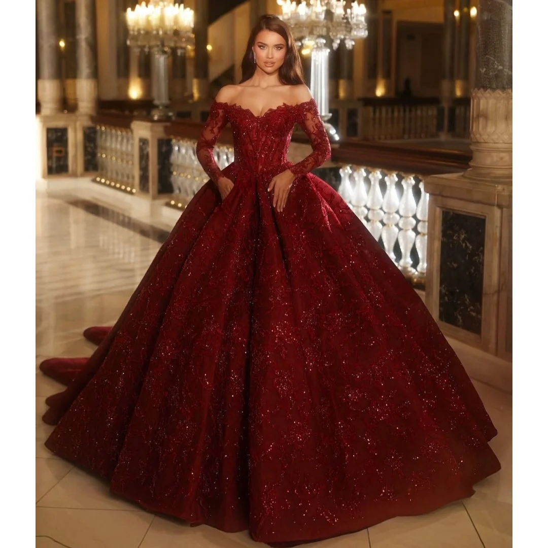 

Dark Red Evening Dresses Lace Bodice Sequined Wedding Party Dress Customized Long Sleeves Ball Gown Luxury Vestidos