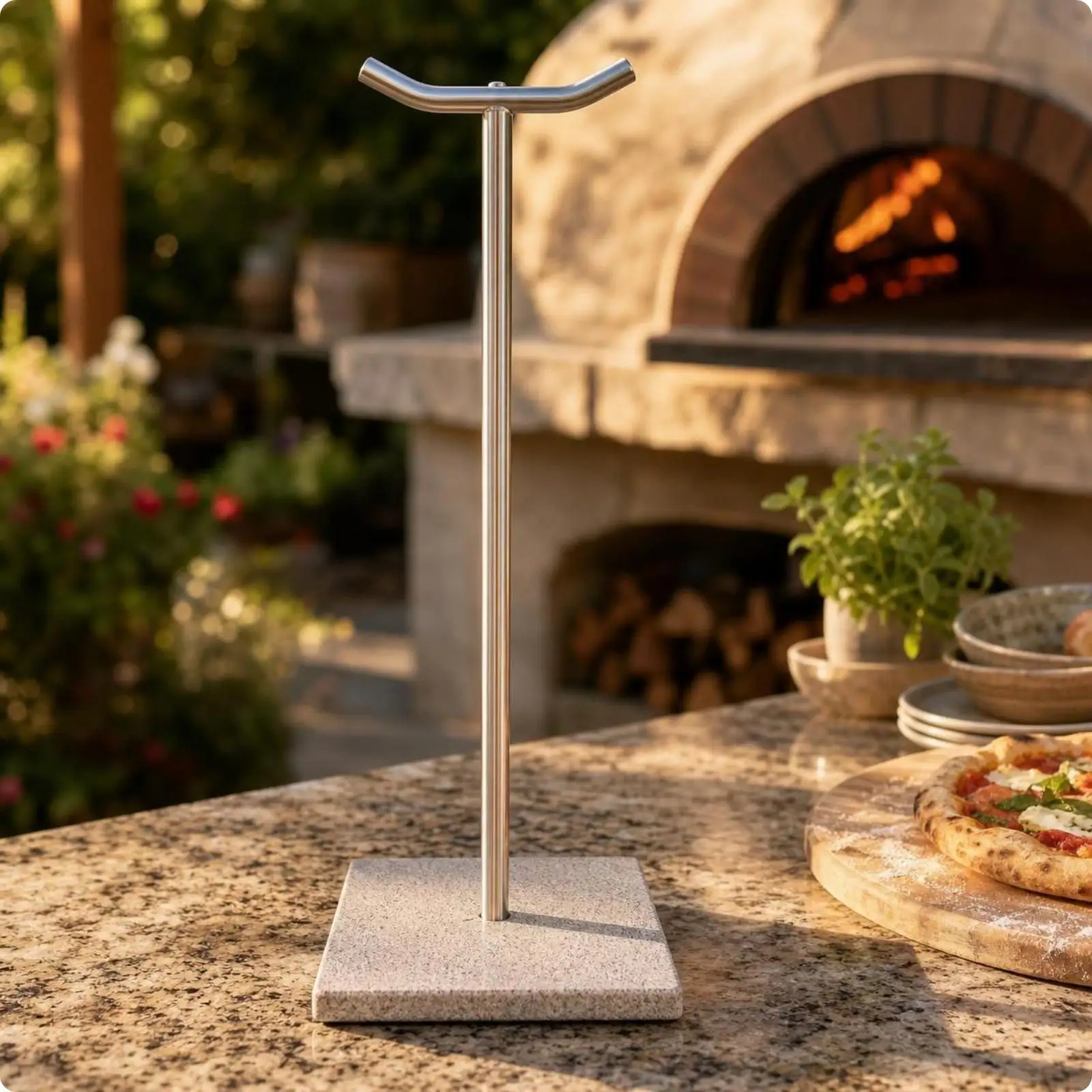 Pizza Peel Stand with Granite Base | Space-Saving Vertical Design, Curved Upper Cradle, Pizza Peel Holder with Weighted Base,