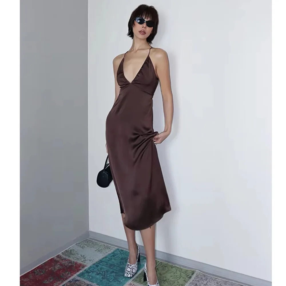 VanessaLab New Sexy dress Brown Satin French Deep V-Adjustable Strap Medium Length Dress women vestidos de fiesta