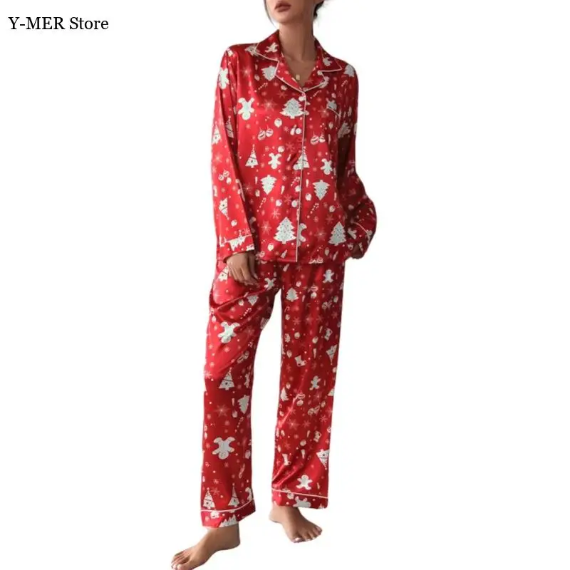 2025 Autunno Nuovo Pigiama Vestito Delle Donne di Stampa Elementi Di Natale Degli Indumenti Da Notte Camicia Allentata Pantaloni 2 Pigiama di Seta del Ghiaccio Femme Loungewear