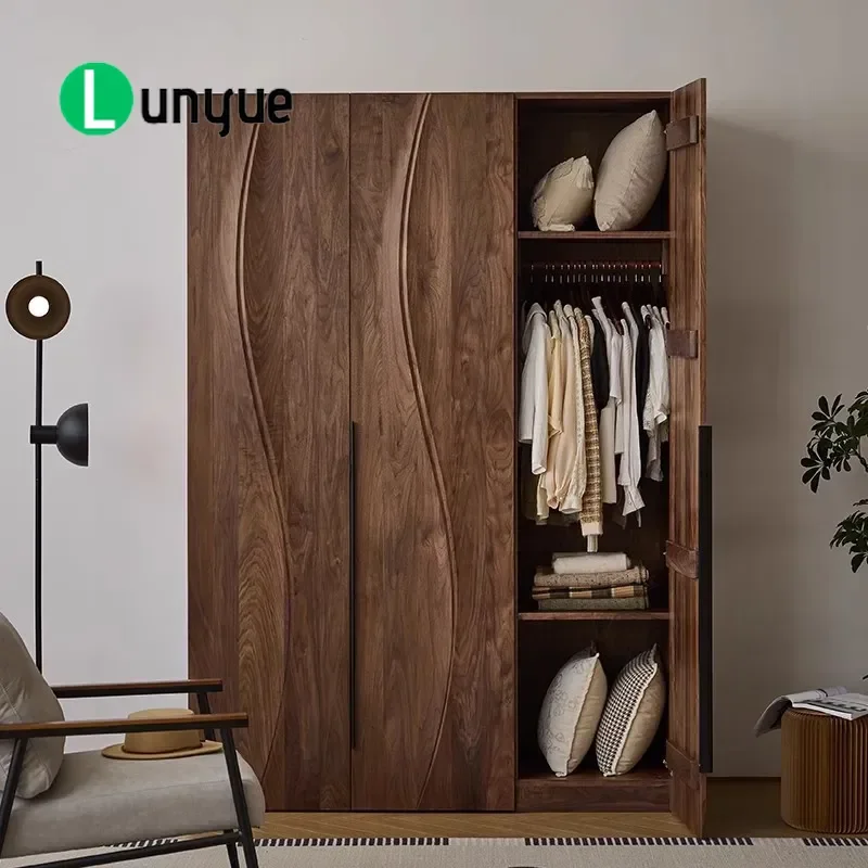 North American Black Walnut Wardrobe Nordic Simple Bedroom Storage Cabinet Dresser Integrated Log Locker for Small Apartment