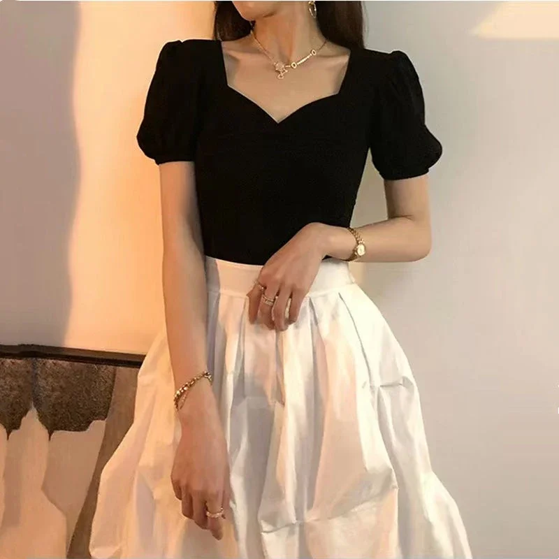 Black Temperament T Shirts Summer Woman Tshirts Square Collar Puff Sleeve Tunic Tees Tops Femme 2023 Shirts for Women Ropa Mujer