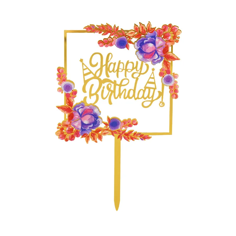 1PC Flower Plant Happy Birthday Cake Topper Gold 3D Acrylic Kids Party Dessert Cake Topper for Baby Shower Cake Gift Decoration