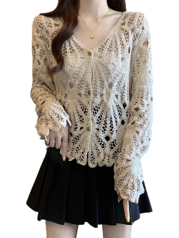 

n Sle Hollow out Long Sve Knitted Sweater plus Size Women's Faion Early Autumn Top Large Code Fat MM Cover up