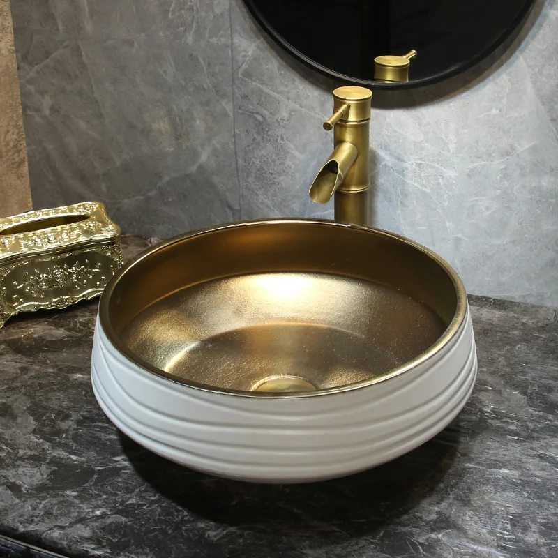 Ceramic cream wind table basin, gold wash basin, white simple washbasin, high-end household bathroom wash basin