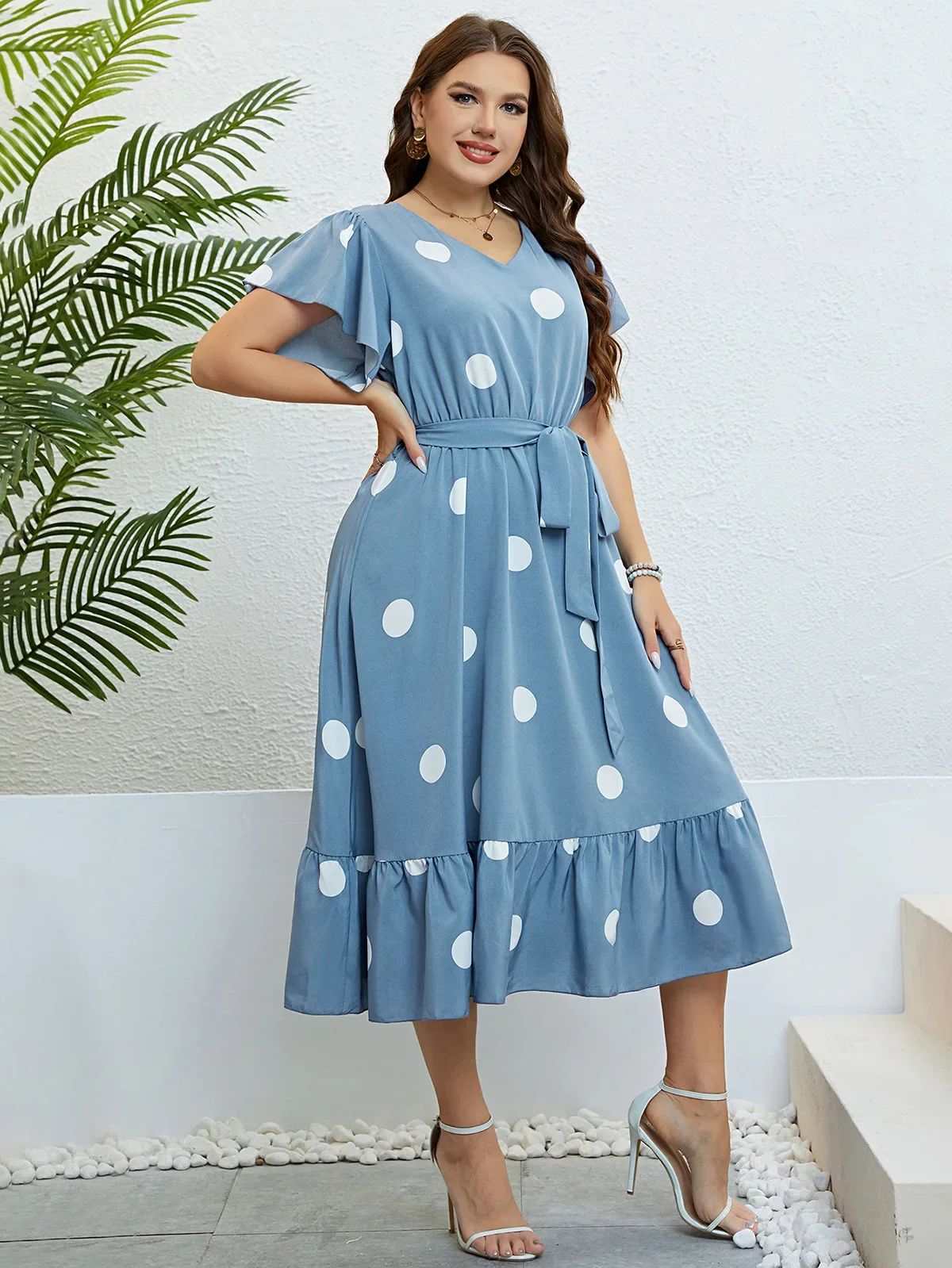 Plus Size Women Dress V Neck Ruffle Short Sleeve Dresses Drawstring Belt Blue Dot Robe Summer Casual Cocktail Gown Sundress