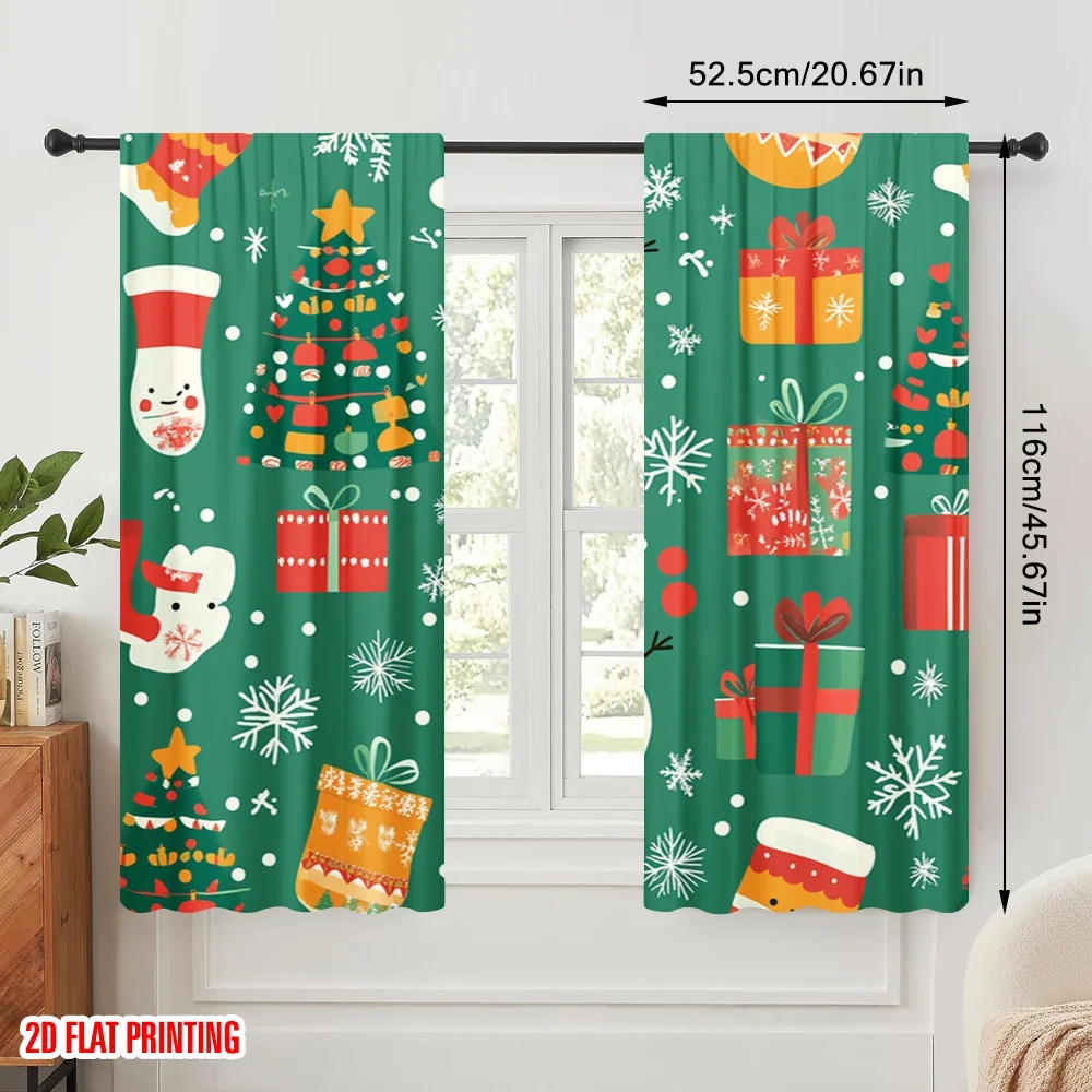 2pcs,2D plane printing Curtains Roller Blinds Cute Snowman Christmas Tree Stocking (3) Polyester Fabric (without rod) Outdoor