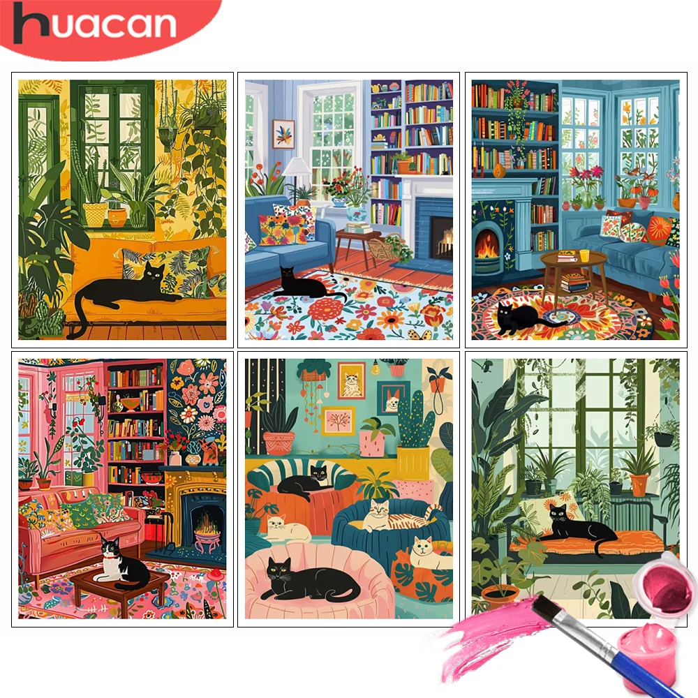 Malen nach Zahlen, Kits, bunte Katzen, Lounge, modernes Wohnzimmer, DIY, digitales Ölgemälde, Tiere, Malen, Kunsthandwerk, Handbemalung