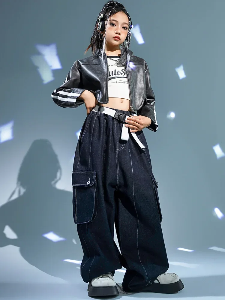 Kinder Kpop Hip Hop Kleidung Lederjacke Top Streetwear Denim Hosen für Mädchen Jazz Dance Kostüm Kleidung