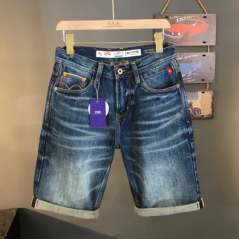 

Red Selvedge Denim Shorts Summer Thin Style Trendy Brand Versatile Casual Slim-Fit High Quality Embroidered Stretchy Shorts