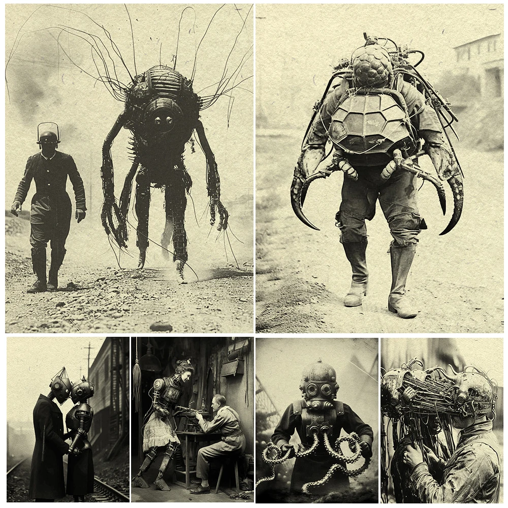 Apocalyptic Robot Fantasy,Photography Art Poster And Print, Surreal Science Fiction Vintage Photo Wall Art Canvas Painting Decor