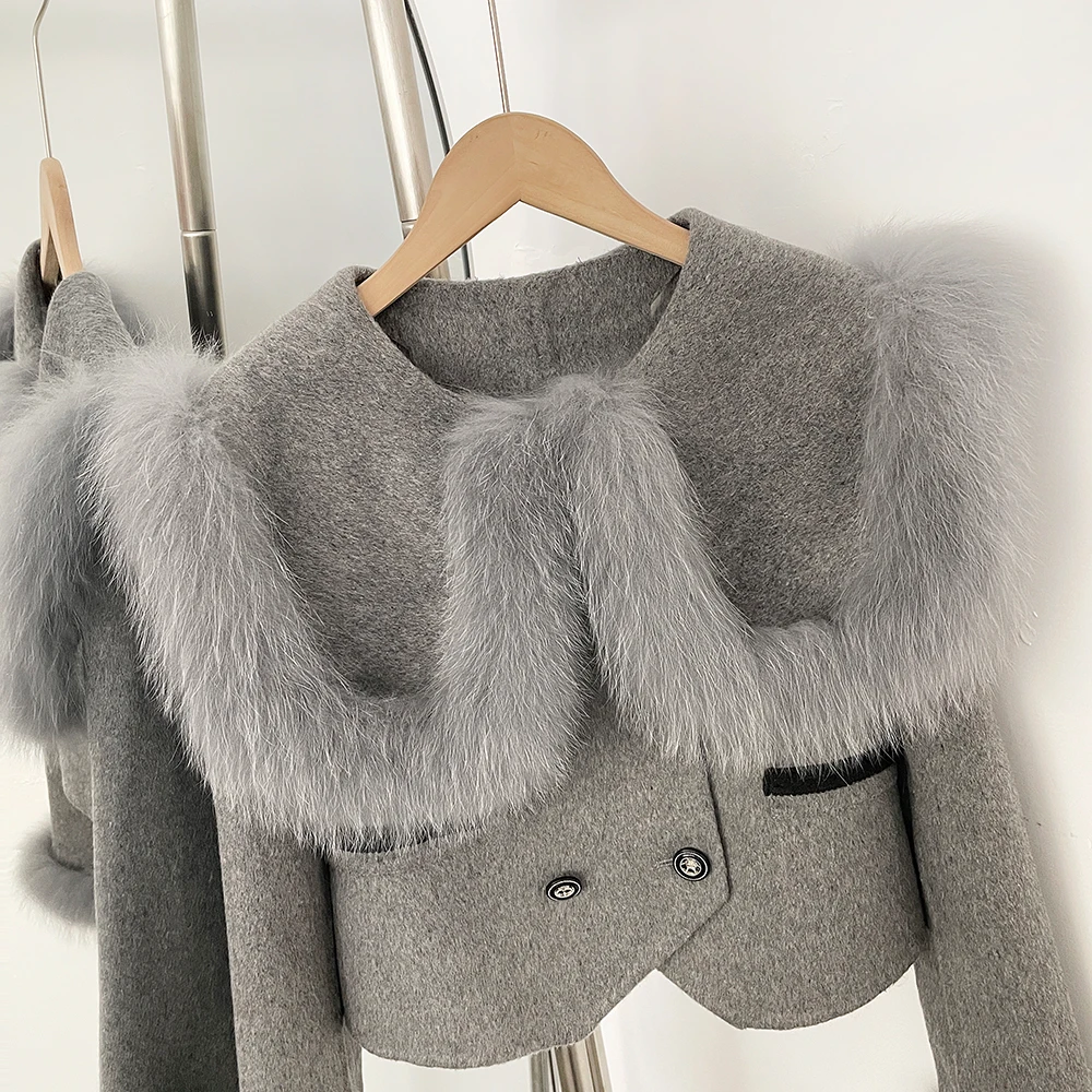 OFTBUY Doppelknopf-Taschen Warme Winter Elegante Oberbekleidung Neue Damen-Wolljacke mit Großem Echtfuchs-Fellkragen und -Manschetten – Detail 10