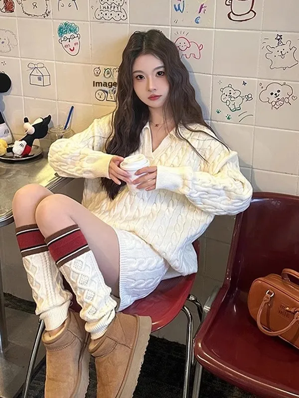 Dames herfst winter gebreide trui set hoge taille orts twee stukken losse pasvorm comfortabele Koreaanse sle kraag kleding