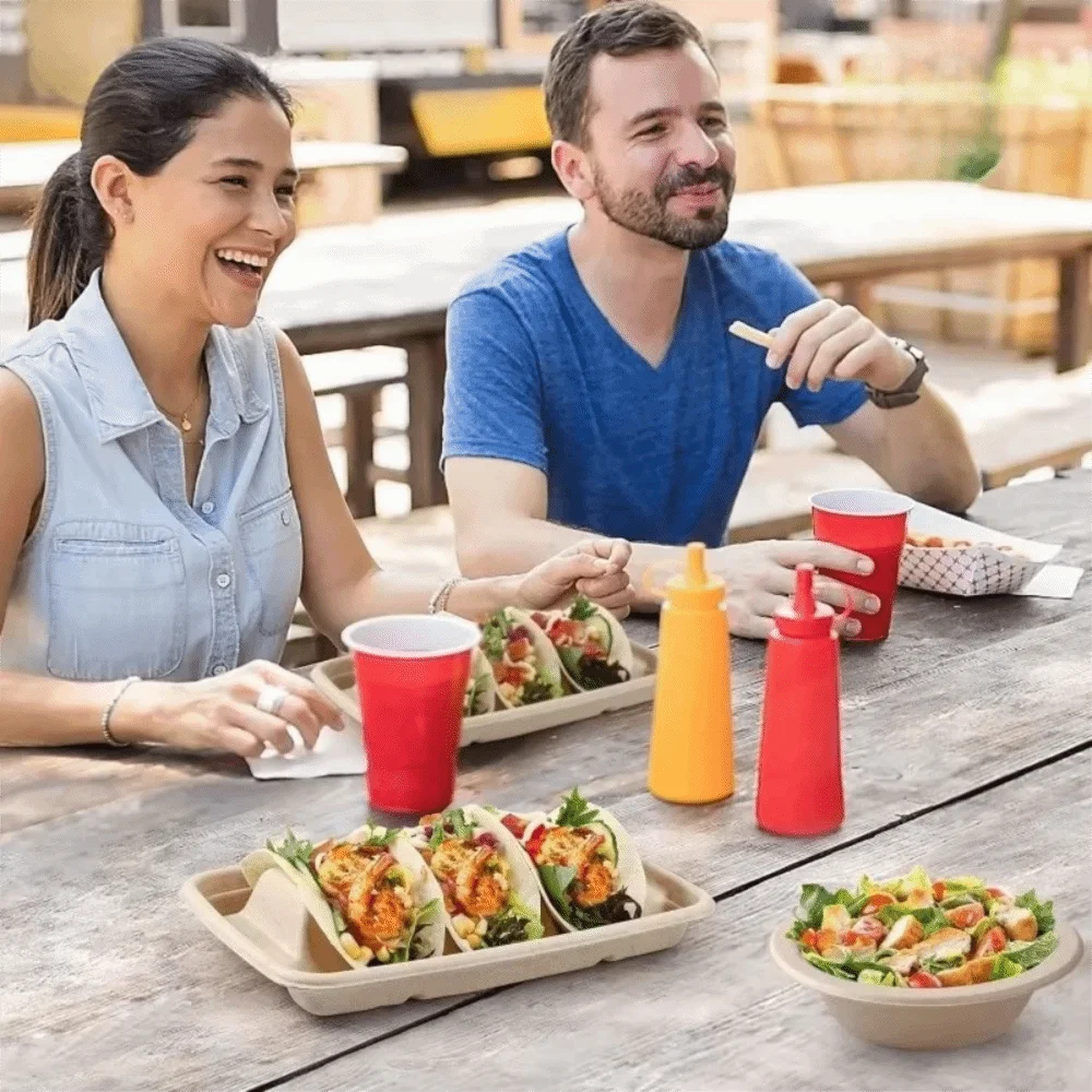

50Pcs 3 Compartments Disposable Taco Plates with Lid Biodegradable Taco Holder Stackable Pulp Taco Serving Tray Restaurant