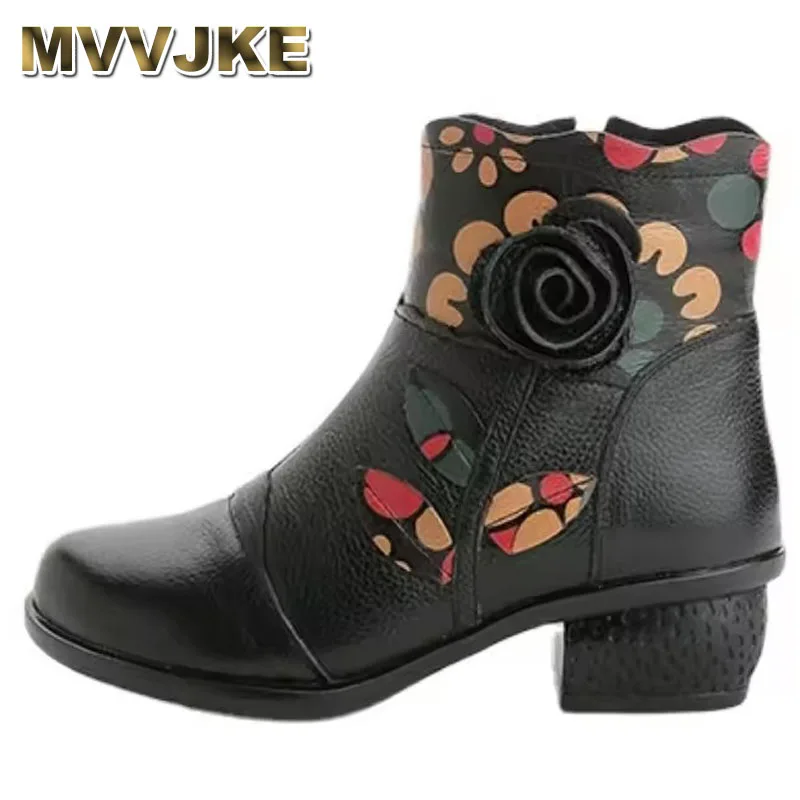 

Classic Flowers Printing Cow Leather Boots Large Size Shoes Women Fashionable Boots Winter Banquet Wedding Boots
