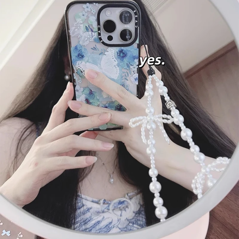 Bowknot Beaded Mobile Phone Lanyard Cute Pearl Pendant Fashion Bracelet Versatile Decorative Ornaments Pretty Girls Gift