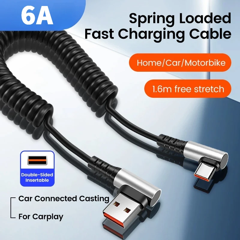 6A USB Type C Data Cable 90° Elbow Car USB Spring PD Fast Charging Cable for iPhone 15 Sumsung Xiaomi POCO Huawei Honor LG