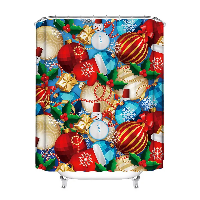 VIKAMA Christmas Shower Curtain, Snowman Xmas Ball Snowflake Holly Gift Print, Waterproof Bathroom Curtain for Holiday Decor