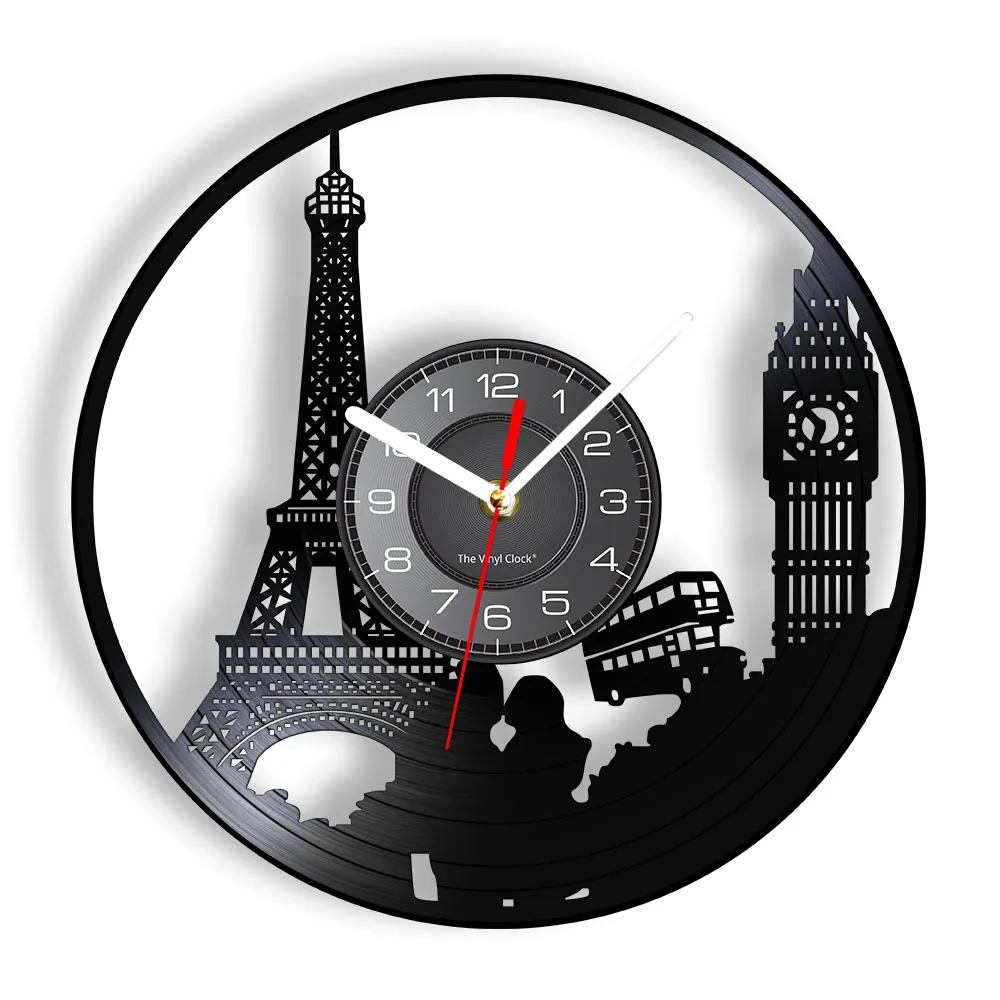 

Paris London Travel Themed Vinyl Record Wall Clock Tower Big Ben Tower Unique Travel Landmark Wall Art Retro Clock Watch